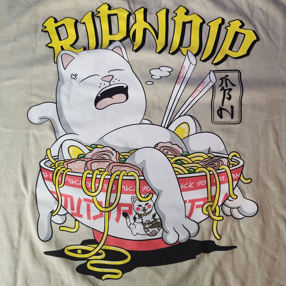 RIPNDIP Beige Cat Ramen Graphic Print Logo Crew Neck T-Shirt Mens L